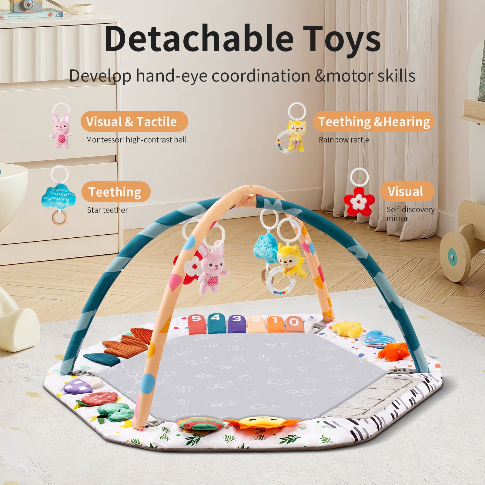 Multifunctional Baby Play Gym Mat with Sensory Toys Tummy Time Mirror Large Activity Center for Newborn 0-18 Months Infant Gift