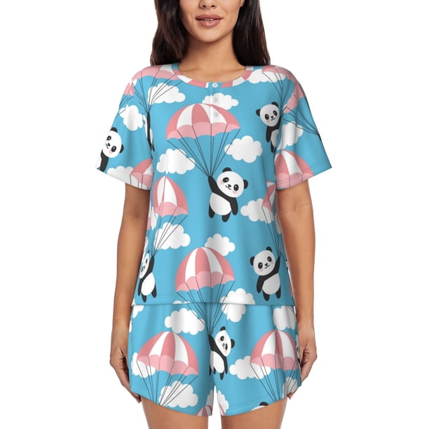 Fotbe Panda Flying in the Sky Conjunto de Pijama Estampado para Mujer, 2 Piezas, Ropa de Dormir con Camiseta de Manga Corta y Shorts Suaves-Small
