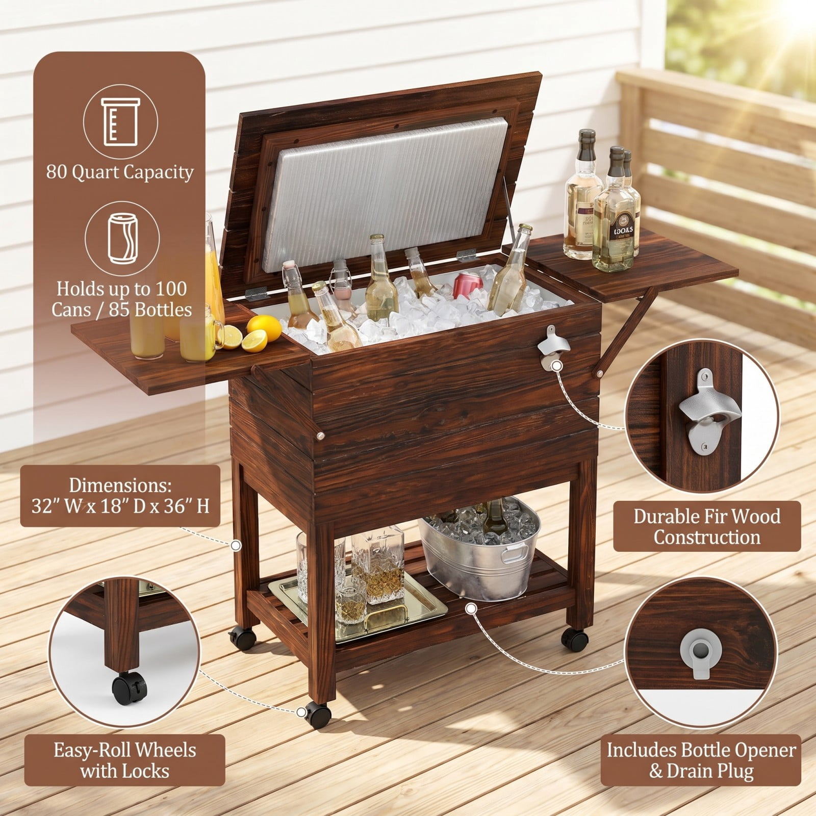 Biotree 54 Quart Wooden Cooler Cart for Patio with Shelves Rolling Ice Chest with Drain Plug Outdoor Cooler Cart, Brown