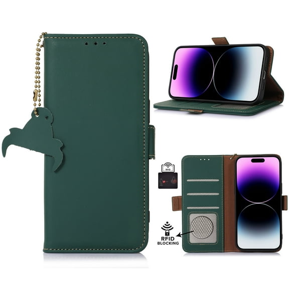 Nalacover for iPhone 14 Pro Synthetic Leather and Soft TPU Case,360 Protection Flexible Luxury Magnetic RFID Flip Wallet Card Slots Kickstand Shockproof Cover with Cute Pendant.Green