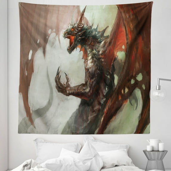 Myth Tapestry, Ilustration of Mythological Creature Dragon Imaginary Culture Animal Art, Fabric Wall Hanging Decor for Bedroom Living Room Dorm, 5 Sizes, Grey Red, by Ambesonne