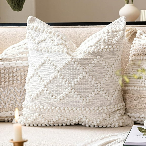 White Decorative Throw Pillow Cover 22X22, Boho Accent Pillow for Couch, Square Modern Farmhouse Pillowcase for Living Room Couch Sofa Cushion Home Décor (Pack of 1)