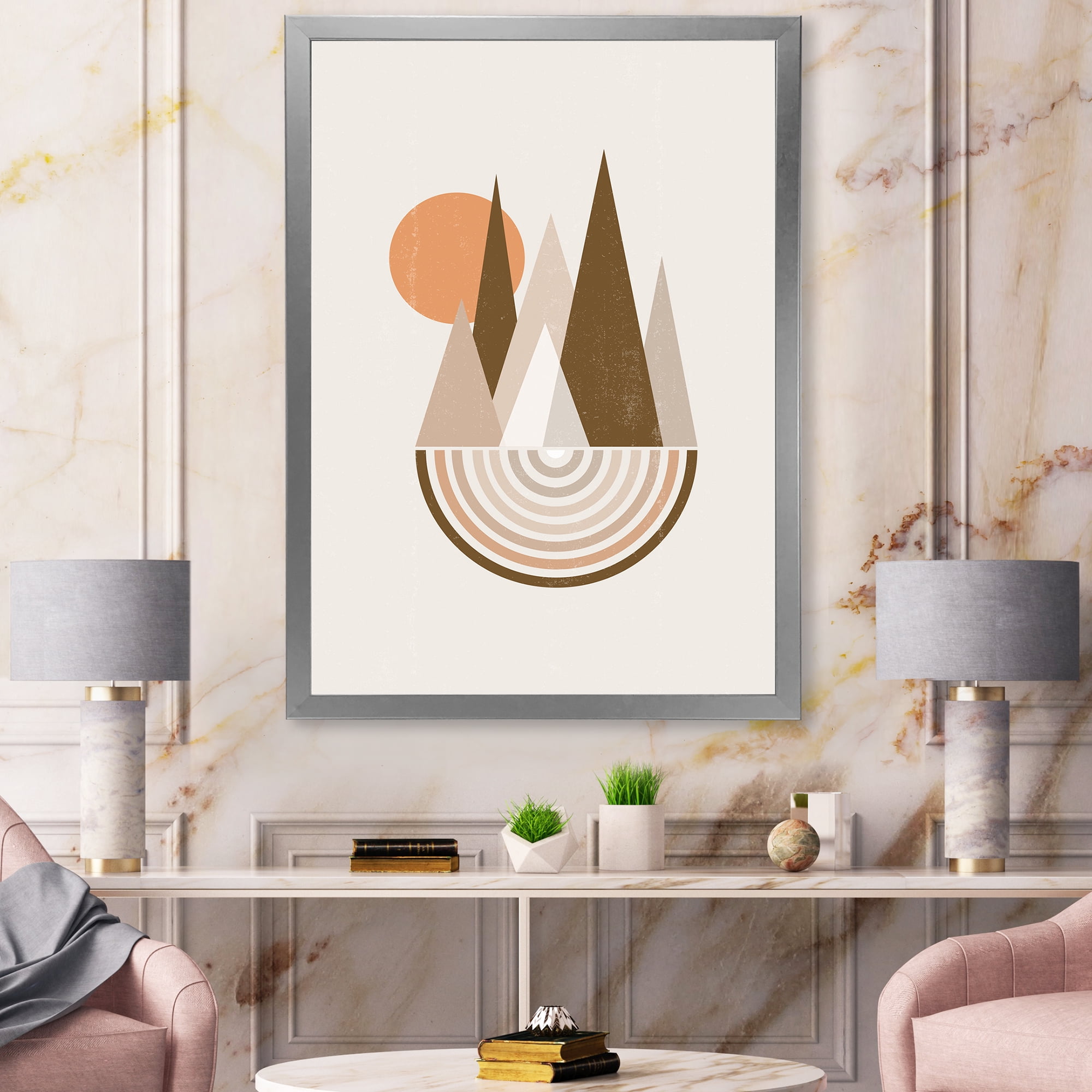 Designart 'Minimalistic Red Full moon Landscape With Mountain' Modern Framed Art Print