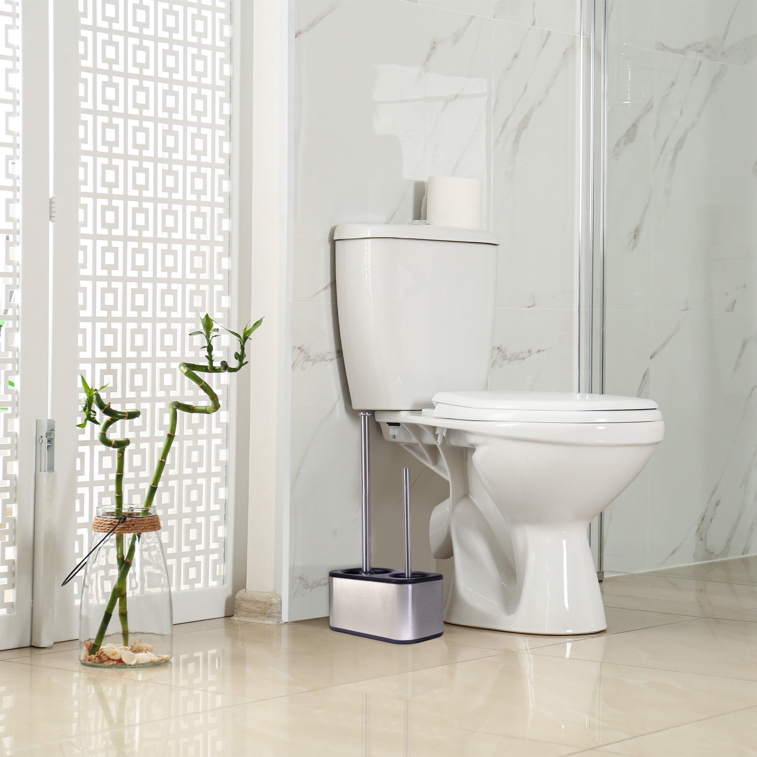 modern sleek toilet bowl brush and Toilet plunger combo - Stainless