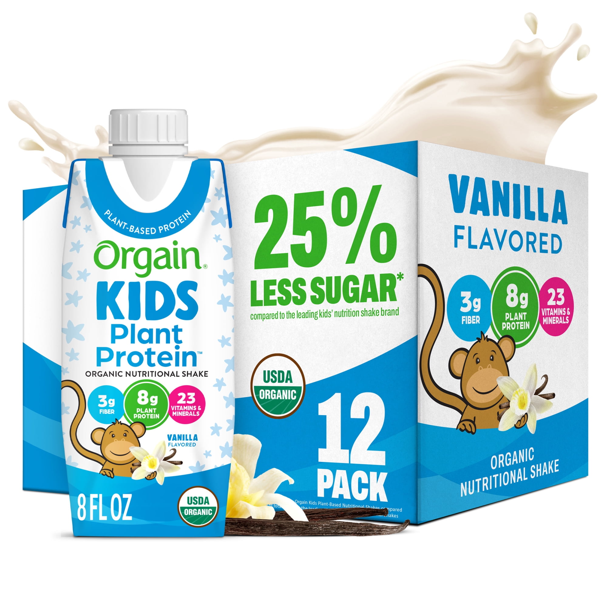 Orgain Organic Kids Nutritional Vegan Protein Shakes, Vanilla, 8 Fl Oz, Pack of 12