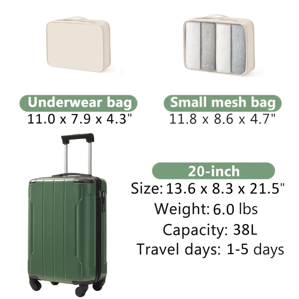 20-Inch Hardshell Carry-On Luggage, Lightweight ABS Suitcase with Spinner Wheels, TSA Lock & Packing Cubes