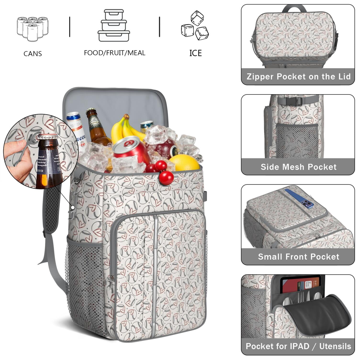 Travel Cooler Bag - Beige Baseballs with Hearts Pattern Camping Beer Cooler Backpack with Bottle Opener- Waterproof Insulated Picnic Backpacks - Cooler Bag for Beach