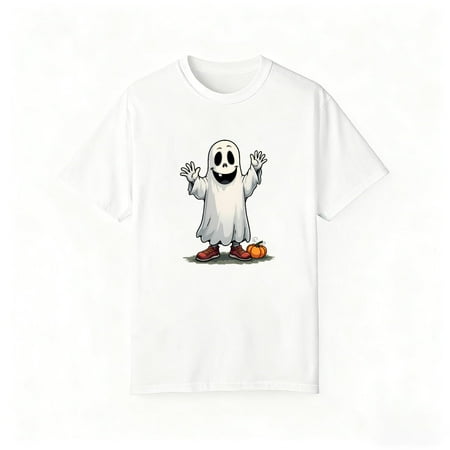 Halloween Playful Ghost Red Shoes Pumpkin Design T Shirt Graphic Tees Cute Comfort Tops Soft White S-5XL