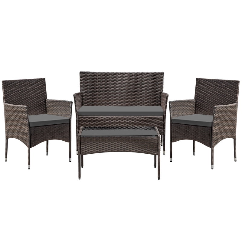 Vineego 4 4PCS Patio Furniture Set Outdoor Conversation Rattan Chairs with Cushion and Loveseat Glass Table for Garden Backyard Porch, Brown/ Gray