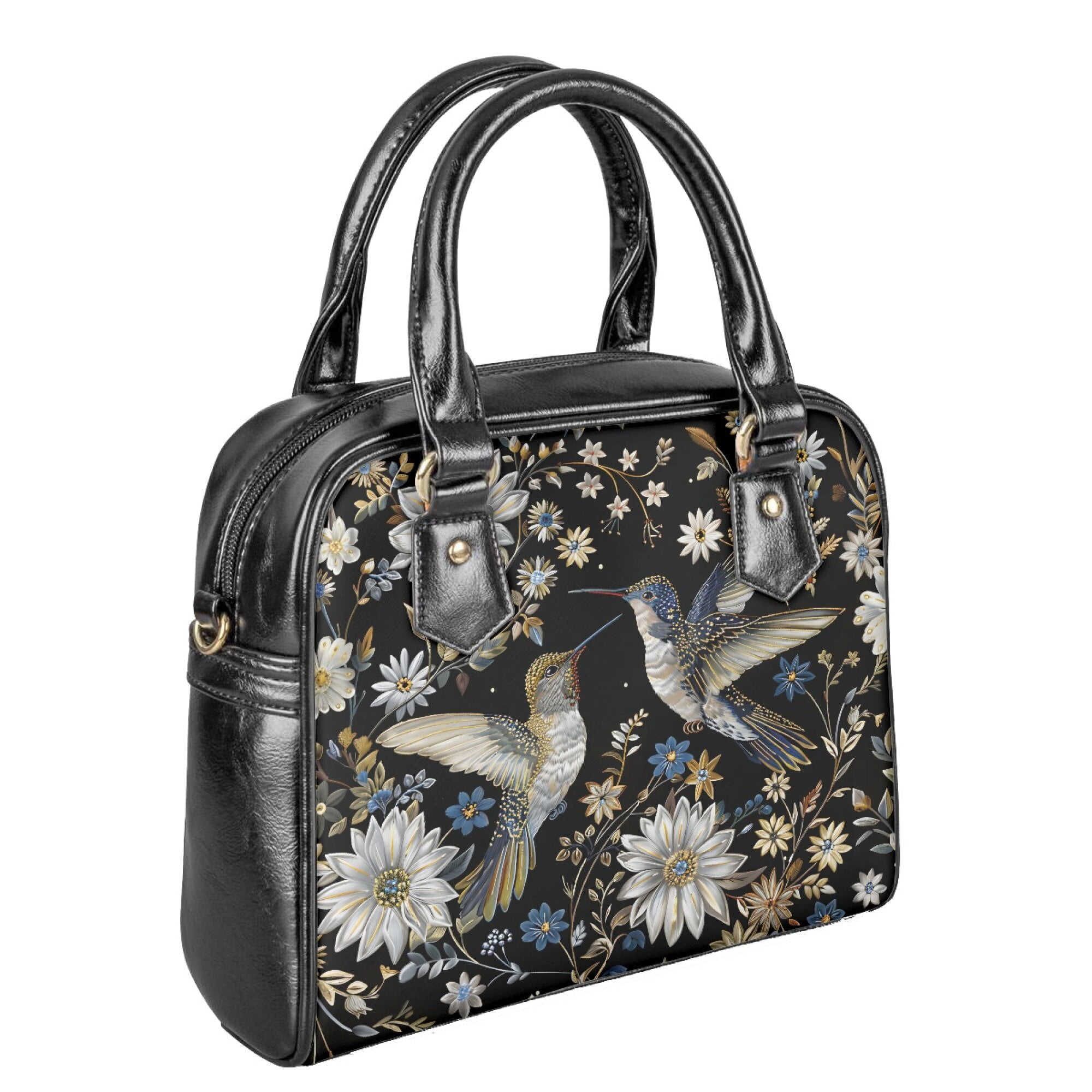 Tutolipy Hummingbird Floral Printed Satchel Bags for Women, Leather Purses and Handbags Large Capacity Shoulder Bag, Top Handle Satchel Lightweight Crossbody Shoulder Bag for Shopping, Black