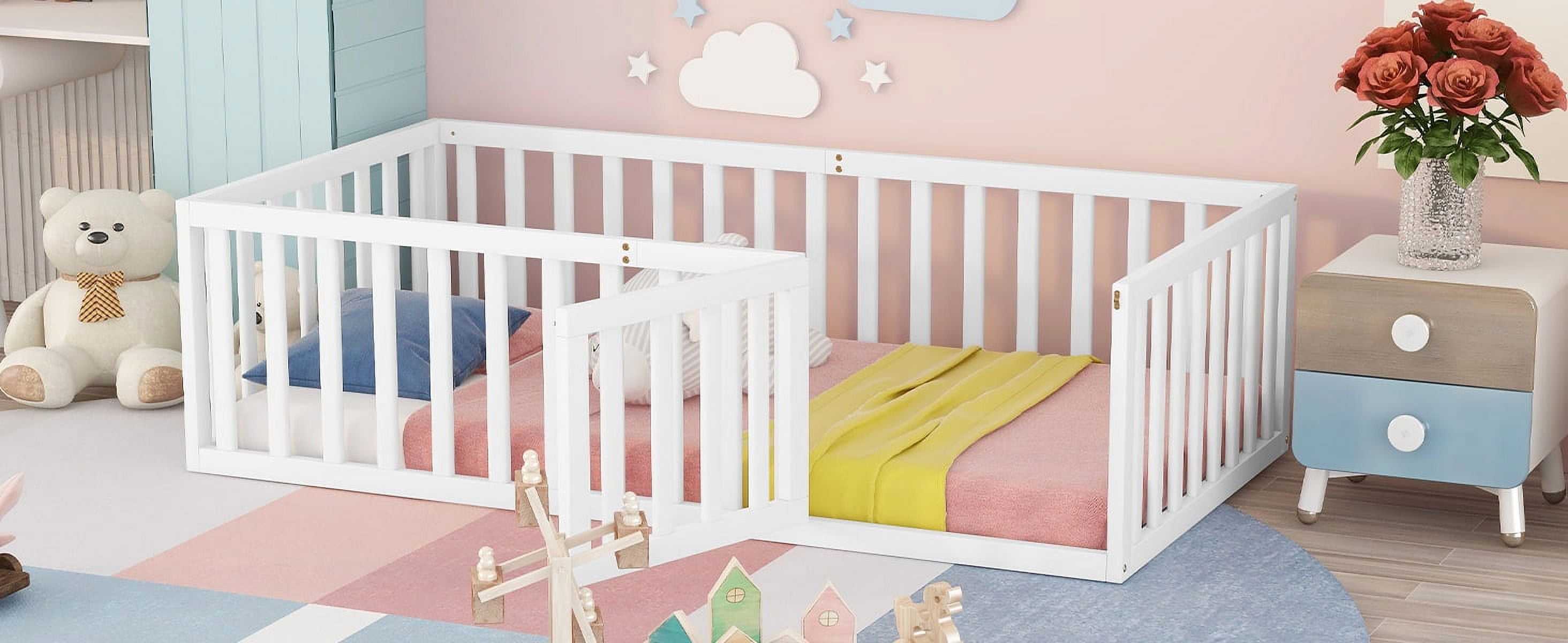 Mintazer Twin Floor Bed with Guardrails & Hinged Gate Door, Montessori Toddler Floor Bed Frame for Kids, White