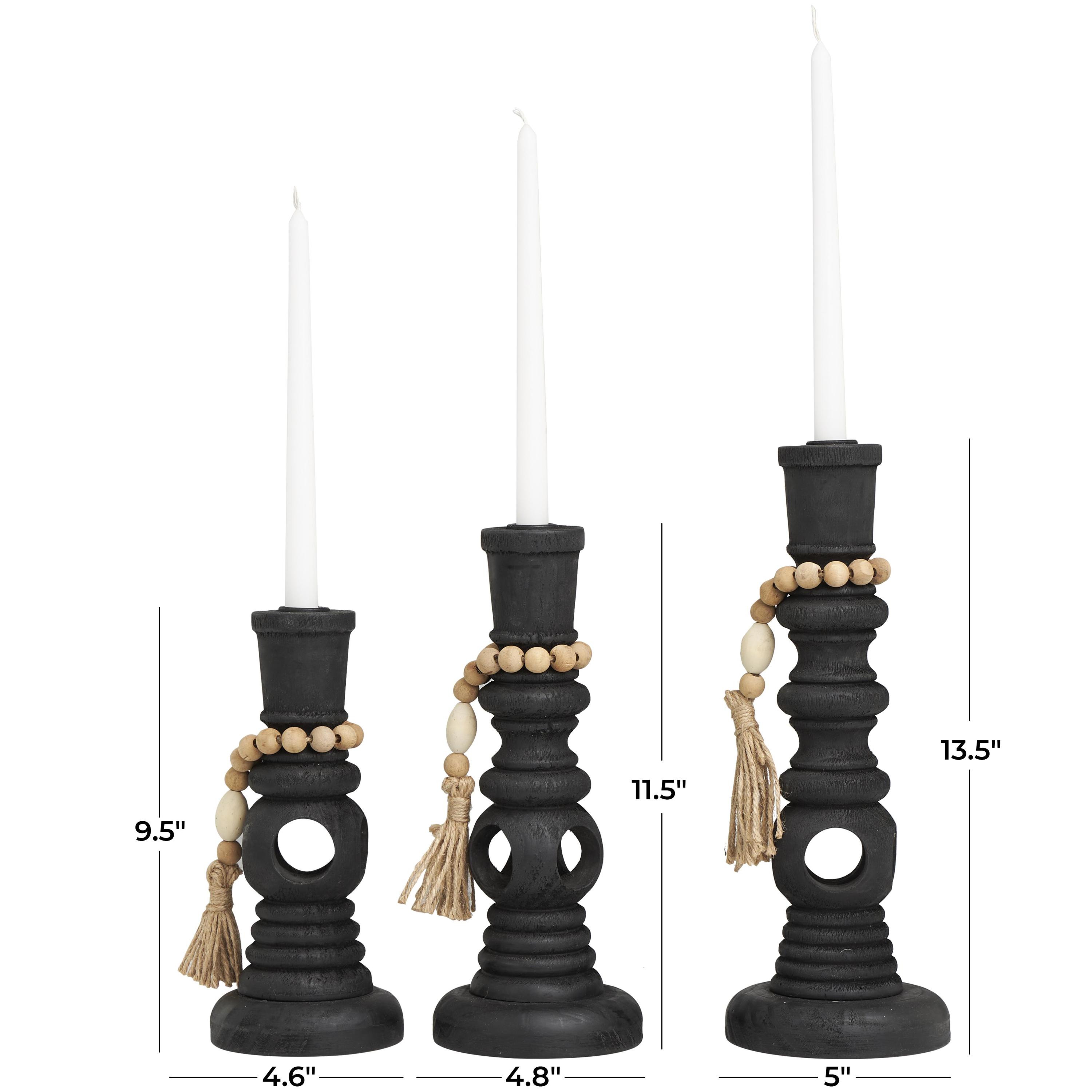 DecMode 3 Candle Black Wood Handmade Textured Matte Candle Holder with Beaded Garland Accent, Set of 3