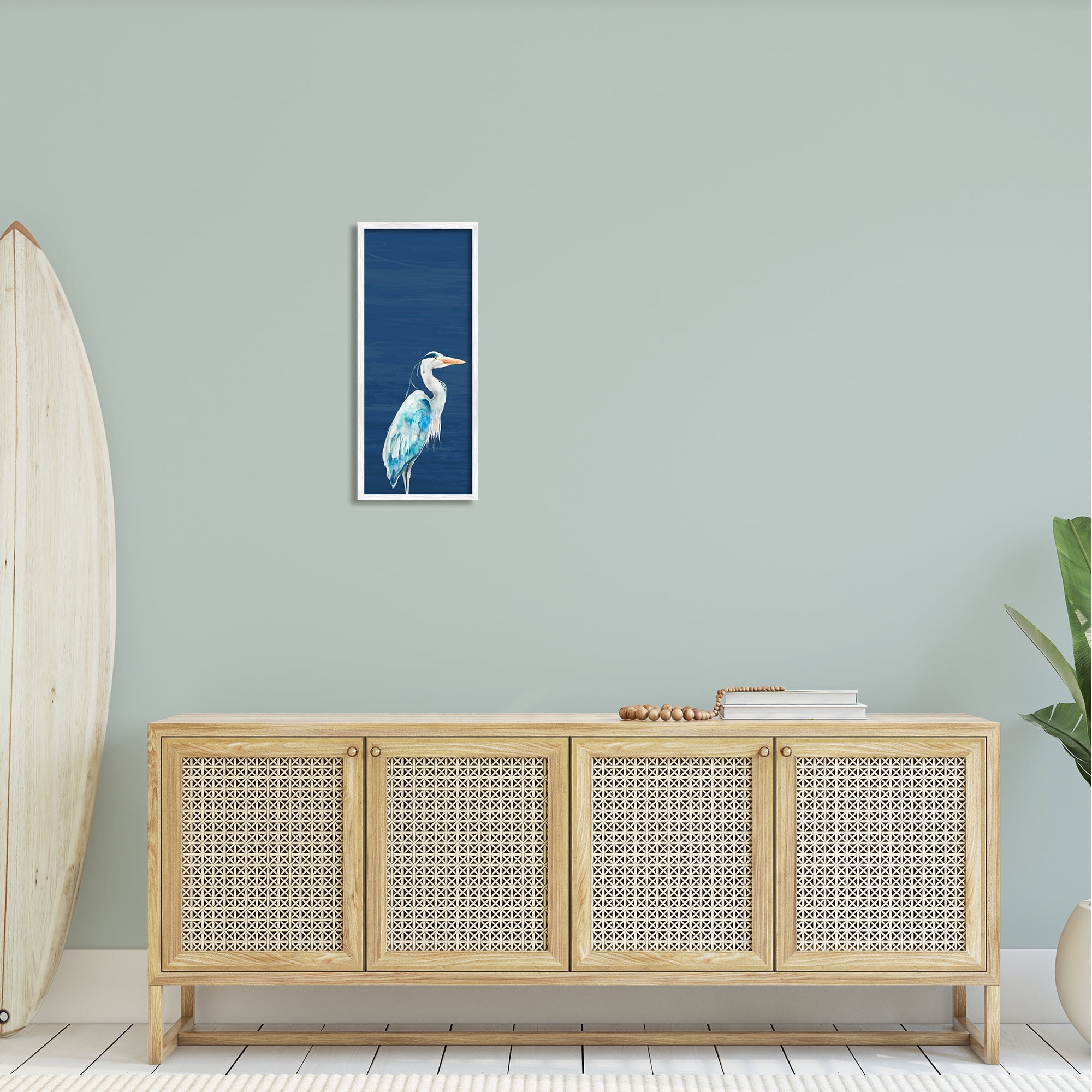 Stupell Industries Egret Sea Bird Standing Deep Blue Ocean Background Framed Wall Art, 10 x 24, Design by Patti Mann