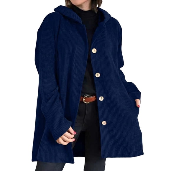 Chaqueta Informal de Holgada con Capucha y Larga para Mujer, Otoño e Invierno Azul Marino XL