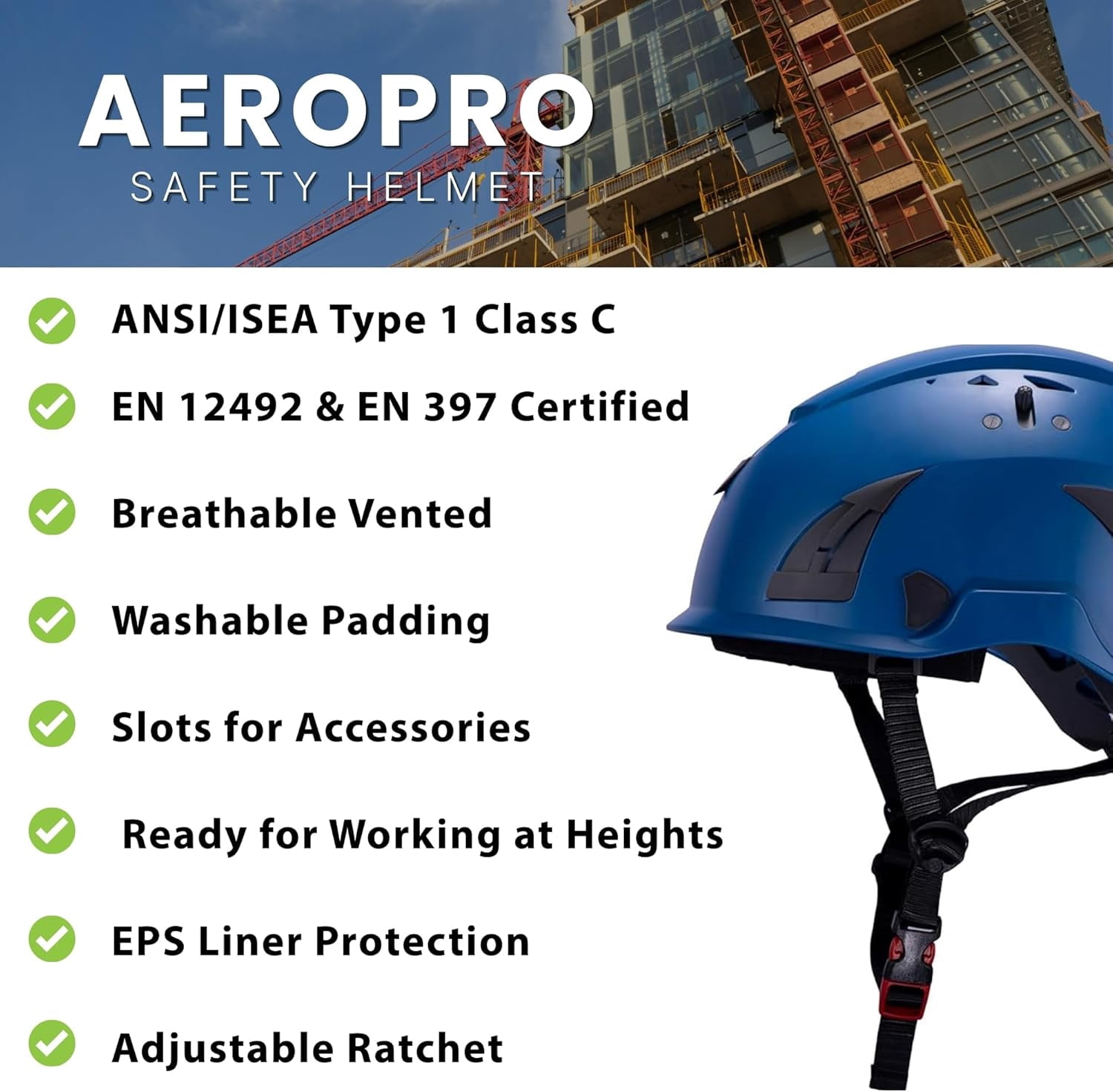 Land Helmets AeroPro Arborist Safety Helmet with Visor – ANSI Z89.1 Type 1 Class C Vented - Hard Hat for Fall Protection, Arborist & Technical Rescue - Blue with Smoke Visor