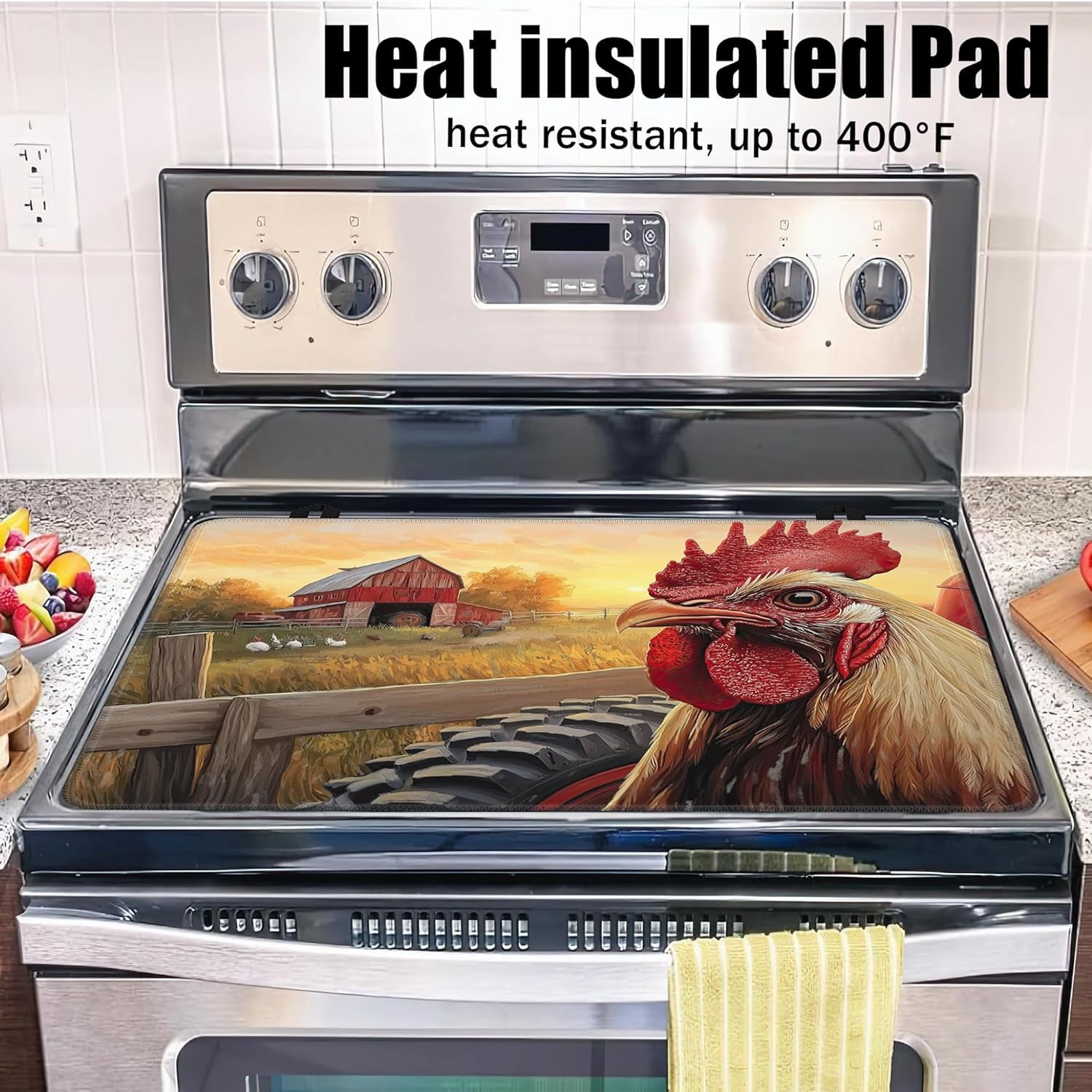 Rustic Rooster Glass Top Stove Cover Protector,Watercolor Farm Stove Top Covers for Electric Stove,Washable Heat Resistant Cooktop Mat Anti-Slip Range Covers, 28 x 20 Inch