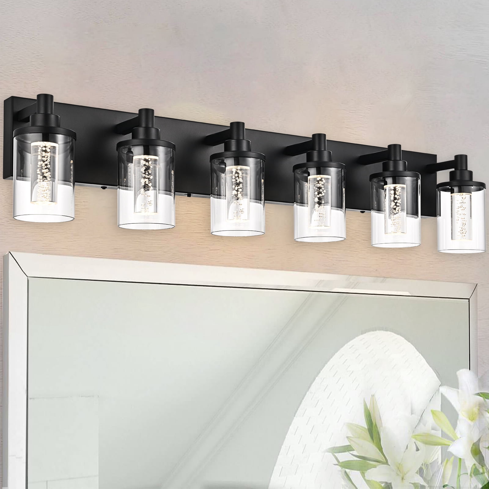 Melucee 5CCT Dimmable LED Black Vanity Lights 6-light, Modern Vanity Lighting Fixtures with Crystal Light Columns and Clear Glass for Bathroom Bedroom