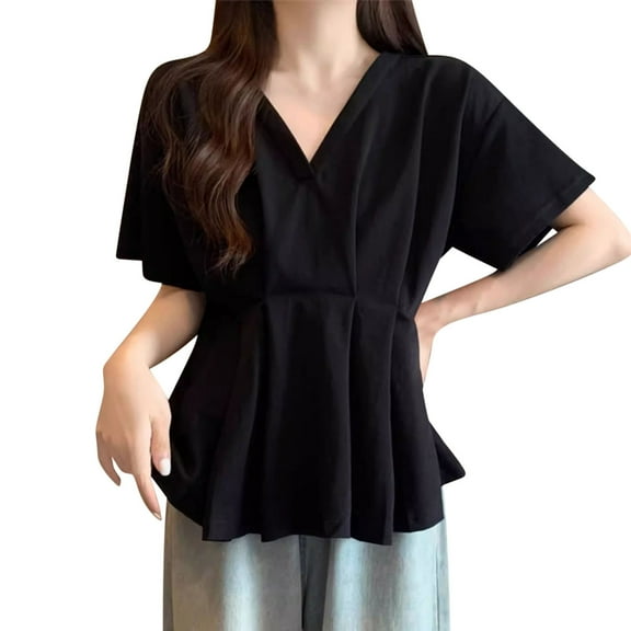 Blouses for Women Dressy Casual Oversize Short Sleeve V Neck T Shirts Ruffle Summer Tunics 2025 Womens Clothes