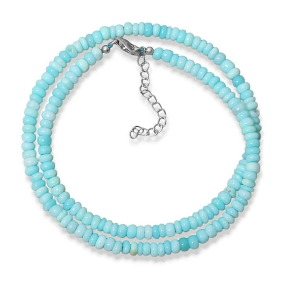 Peruvian Blue Opal Smooth Rondelle Beaded Necklace, 5mm Opal Bead Necklace, Sterling Silver Clasp and Extension chain