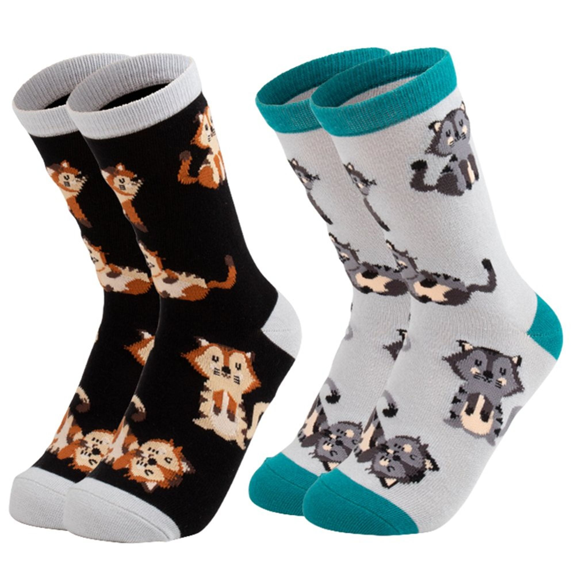 USOX 2Pair Girls Crew Socks Fox Animal Print, Cute Kids Casual