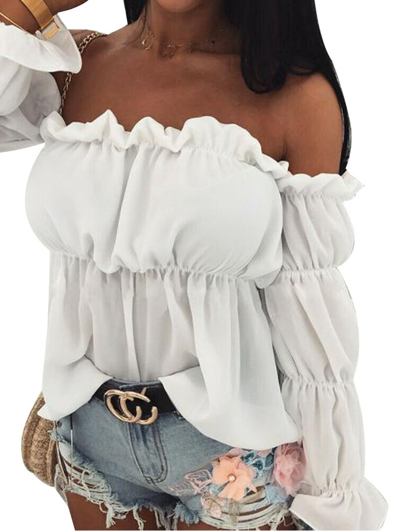 KOMOO Women Off Shoulder Blouse Summer Flare Bell Long