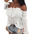 thumbnail image 3 of KOMOO Women Off Shoulder Blouse Summer Flare Bell Long Sleeve Chiffon Shirt Loose Tops Oversize, 3 of 7