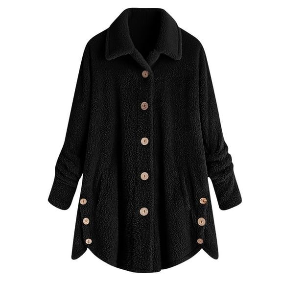 JUSLIO Button-Up Womens Shirts Fleece with Pockets Blouses Solid Long sleeve Collar Blouses Black L