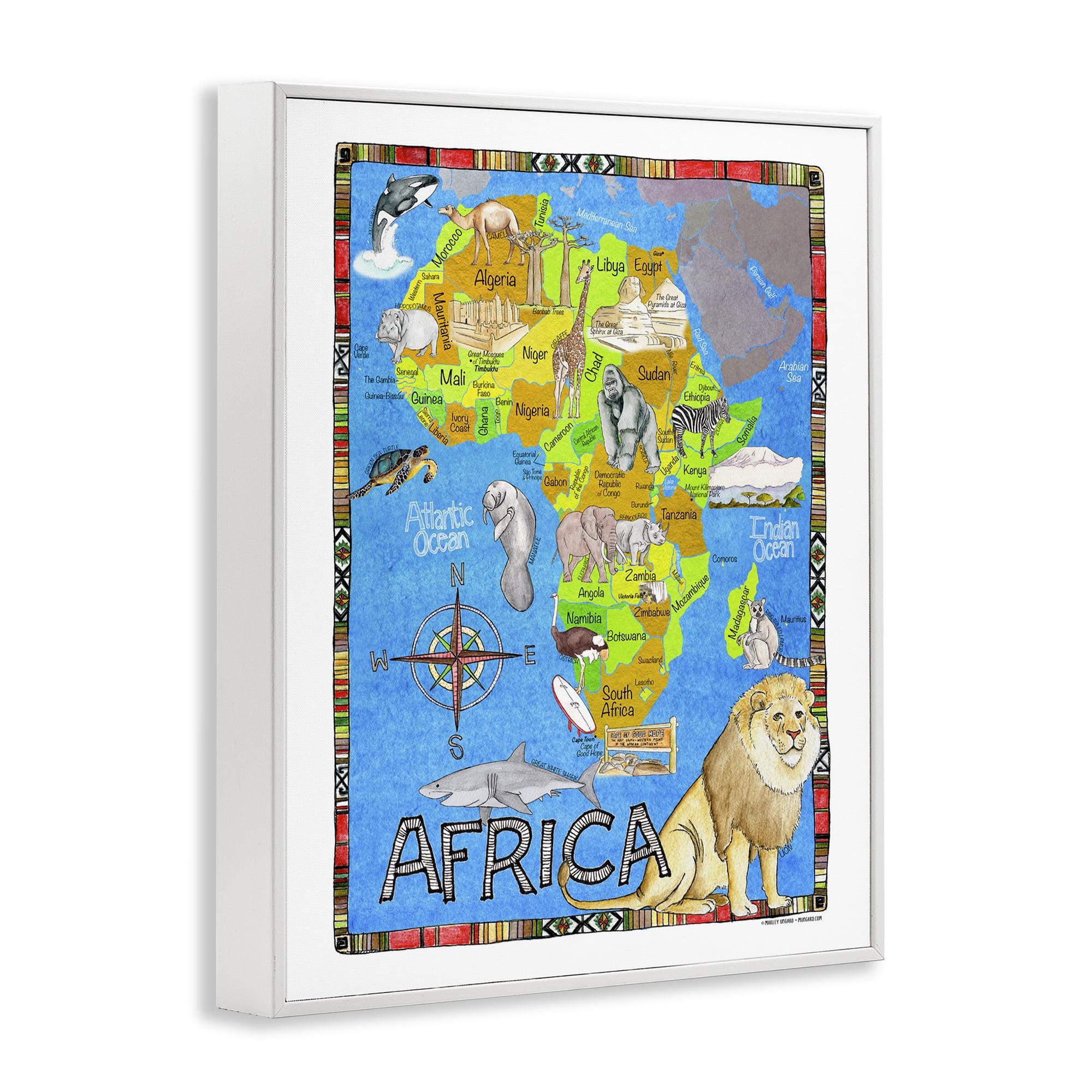 Stupell Industries African Animals Map Travel & Places Painting White Framed Art Print Wall Art, 16 x 20