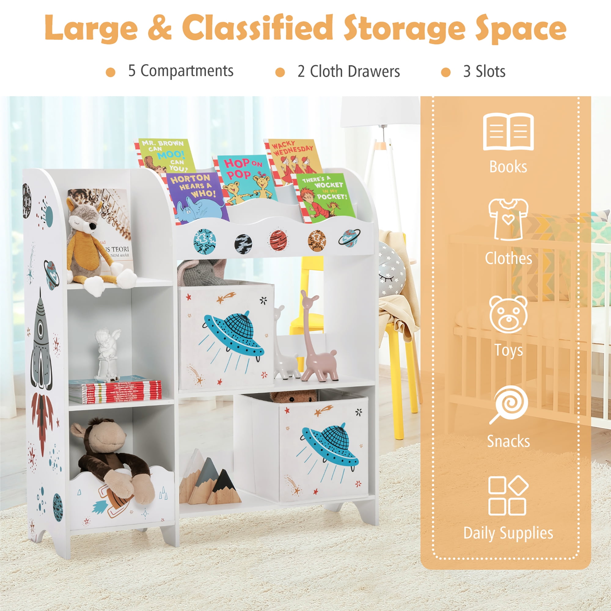 Costway Kids Toy and Book Organizer Children Wooden Storage Cabinet w/ Storage Bins