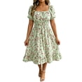 thumbnail image 2 of VBVC Women's Smocked Square Neck Floral Midi Dress , Ladies' Short Puff Sleeve A-Line Dress , Summer Ruffle Hem Swing Dress For Women, S-5XL, 2 of 7