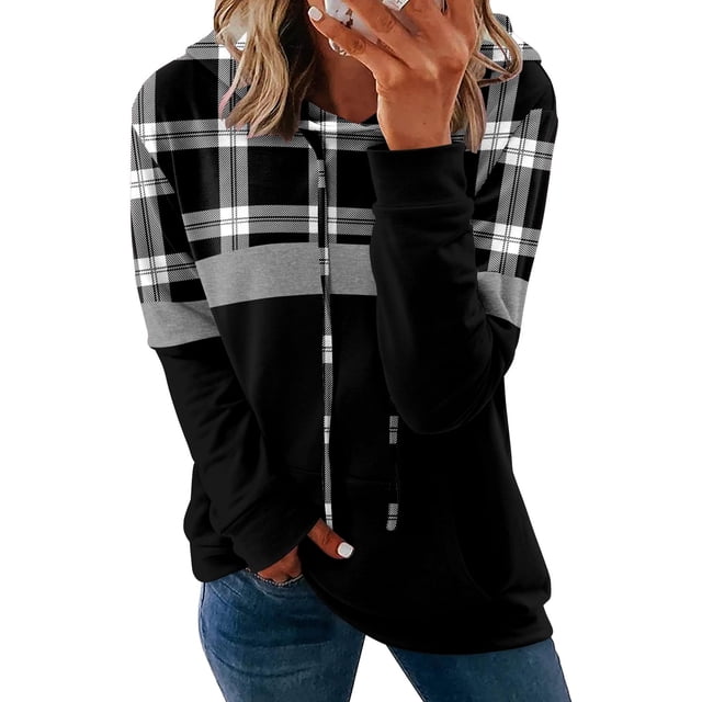 Sudaderas con capucha Onlypuff, sudaderas a la moda para mujer, a cuadros, negras
