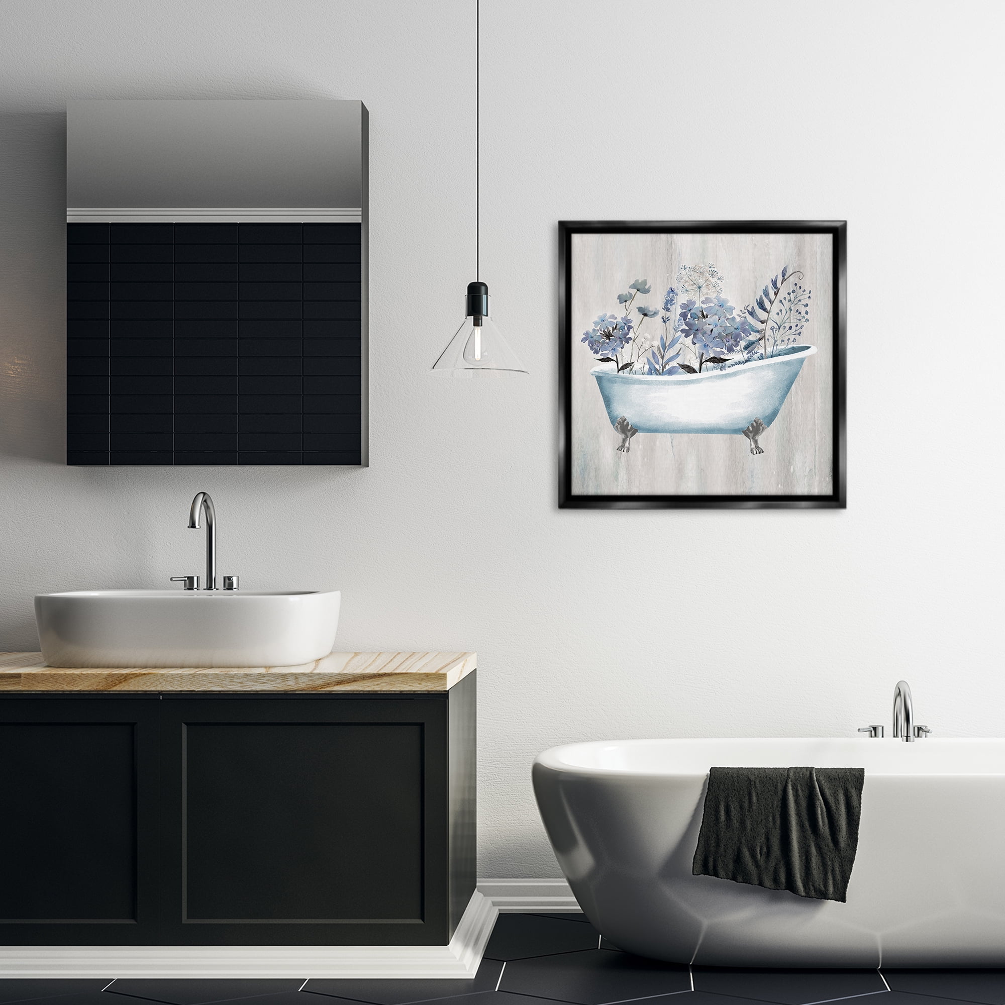 Stupell Industries Vintage Tub & Blue Florals Bath & Laundry Painting Black Floater Framed Canvas Art Print Wall Art, 25 x 25