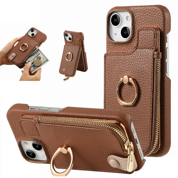 SaniMore for iPhone 14 Plus Case, PU Leather Zipper Purse RFID Blocking Card Slots Flip Kickstand Metal Finger Ring Magnetic Car Mount Shockproof Anti-fall Rugged Wallet Shell for Ladies Men, Brown