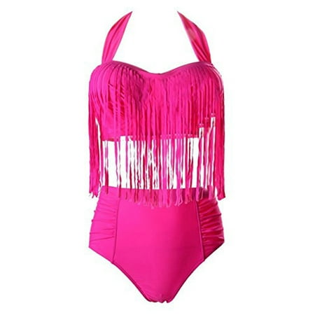 - LELINTA Women's Two Piece High Waist Bottoms Braided Fringe Top Bikini Swimwear Plus Size Swimsuit Red