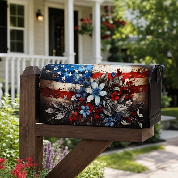 Mailbox Cover Magnetic Wrap, Patriotic Floral Outdoor Mailbox Decoration With Easy Installation Design, Weather Resistant Holiday Decor for Garden Yard Front Door and Home Entrance Display