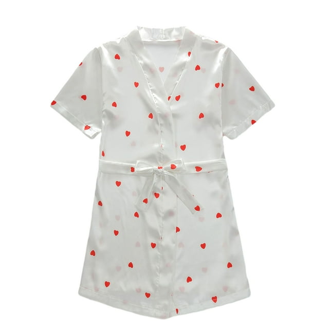 Qudderr Kids Baby Silky Satin Kimono Robe Solid Color Printing Bathrobe for Girls Boys Spring Fall Short Sleeve Night-Robe Toddler Soft Unisex Sleepwear for 1-7 Years
