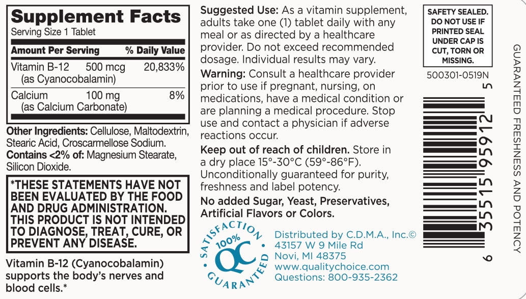 Quality Choice 500mcg Vitamin B12 Energy Support Tablets, 100 Count - Pack of 6