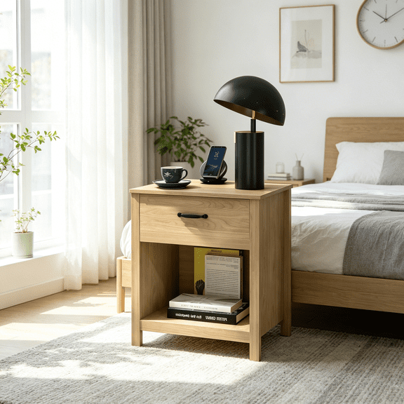 Modern Bedside Table with Drawer and Open Shelf, Wooden Nightstand for Bedroom Storage, Minimalist End Table for Apartment Living Room, Brown Finish