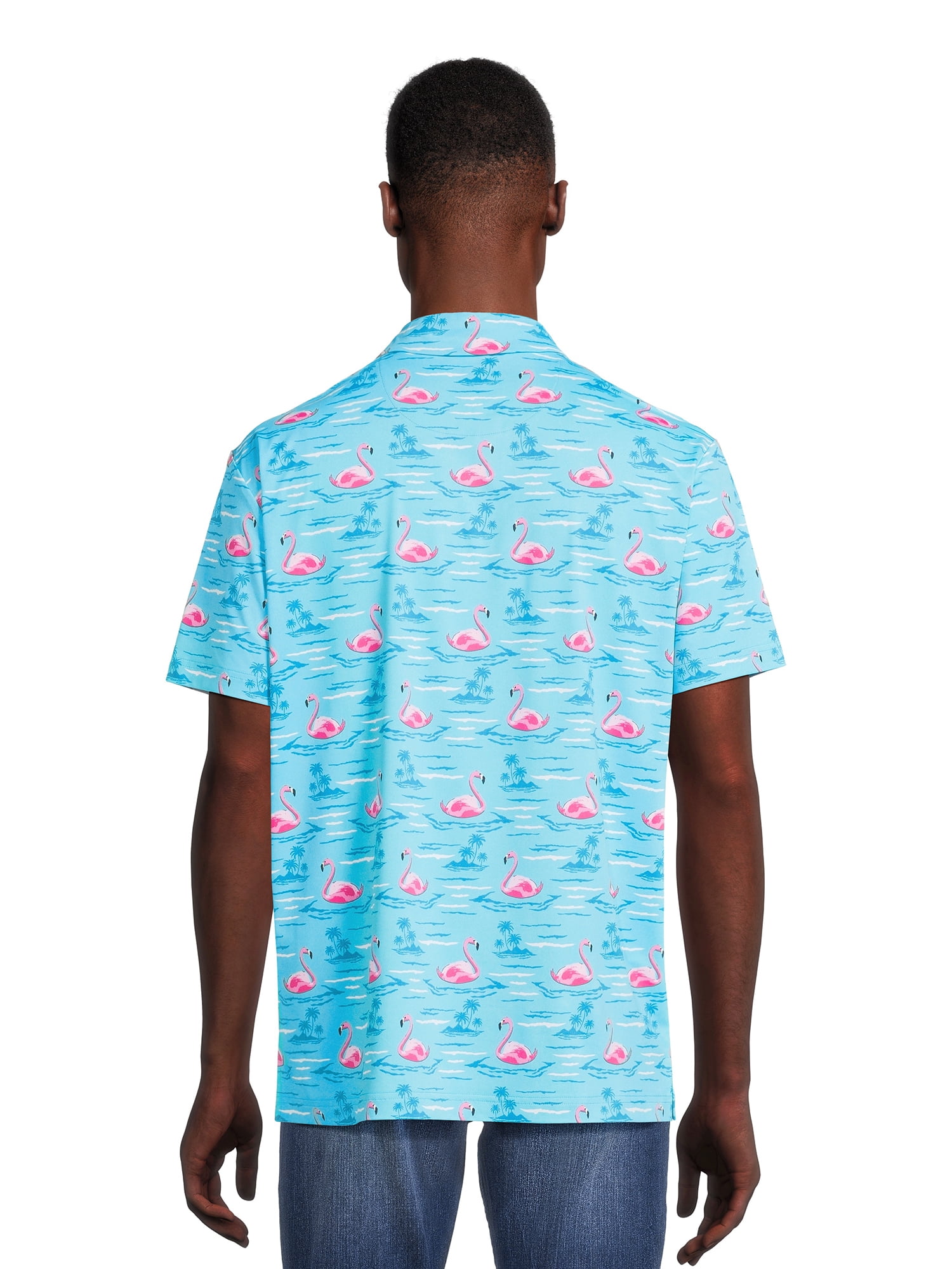 Birdie Bound Men's and Big Men's Graphic Flamingo Print Golf Polo Shirt, Sizes S-3XL
