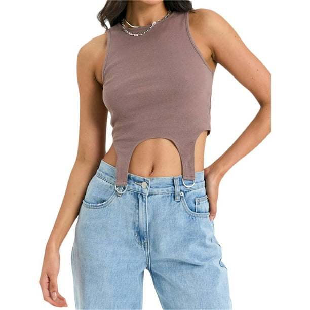 VISgogo - Camiseta sin mangas con cuello redondo para mujer, sin mangas, color sólido, ajustada, sin mangas, camisola con hebillas en la parte inferior de verano VISgogo moda