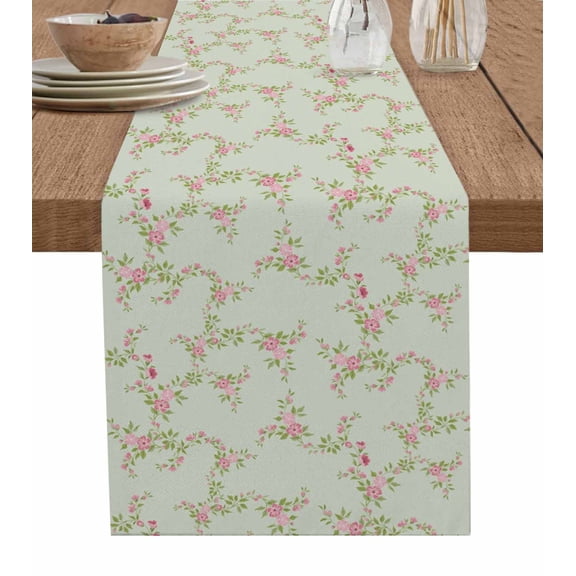Pink Flowers Table Runner 120 Inches, Pastoral Leaves Retro Botanical Rustic Bed Runner Dresser Scarves Tabletop for Indoor Outdoor Parties/Ceremony/Banquet, 13"x 120"