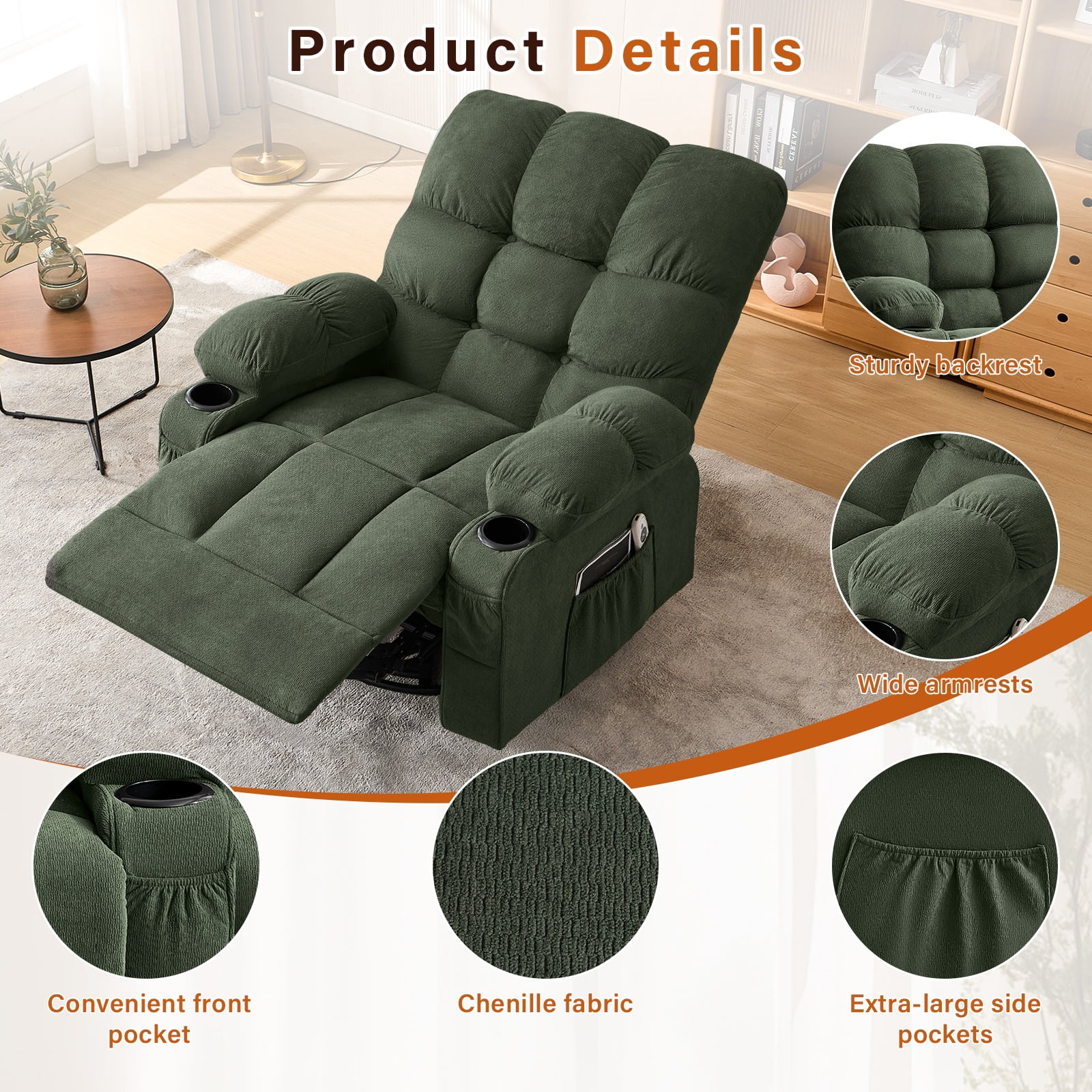 Alvantor Swivel Rocker Recliner Chair with Massage & Heat Single Rocker Sofa with Cup Holders for Bedroom Home Theater Green