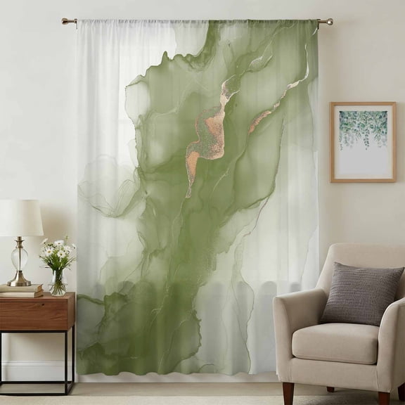 Sage Green Marble Sheer Curtains 54 Inches Long, Modern Ombre Abstract Ink Painting Art Light Filering Curtains, Breathable Simi Curtain Privacy Drapes for Kitchen Bathroom Small Window Treatment