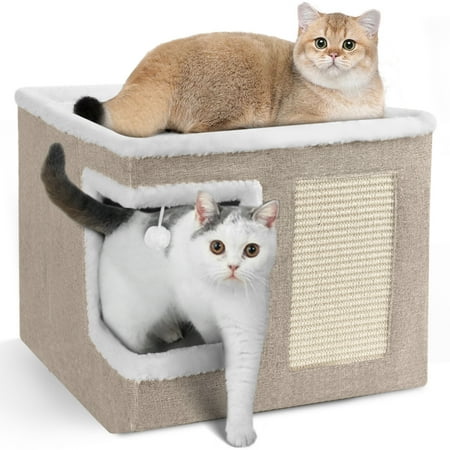 HDJ Indoor Pet Bed for Cats, Covered Foldable Kennel Bed with Scratching Board, Suitable for Many Small Pets, Light Gray