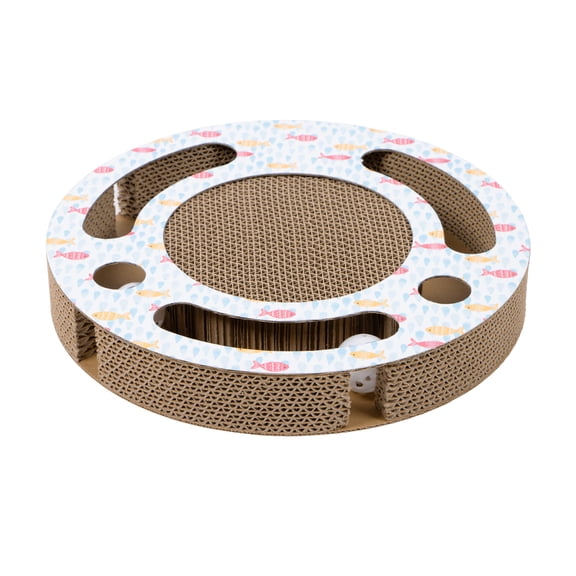 Kitty City Corrugated Cardboard Fish Print Cat Scratching Pad with Ball Tracker, Multicolored, One Size