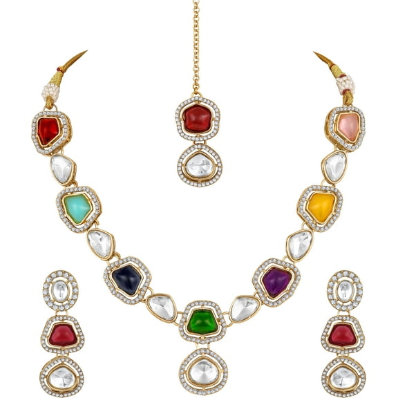 Parshwa Creations Women's Indian Gold Plated Jewelry Set, Bollywood Style Necklace Earrings Rhinestone Kundan Resin Beads Stud Jewelry, Jewelry Set For Party, Wedding, Engagement & Festive Occasions