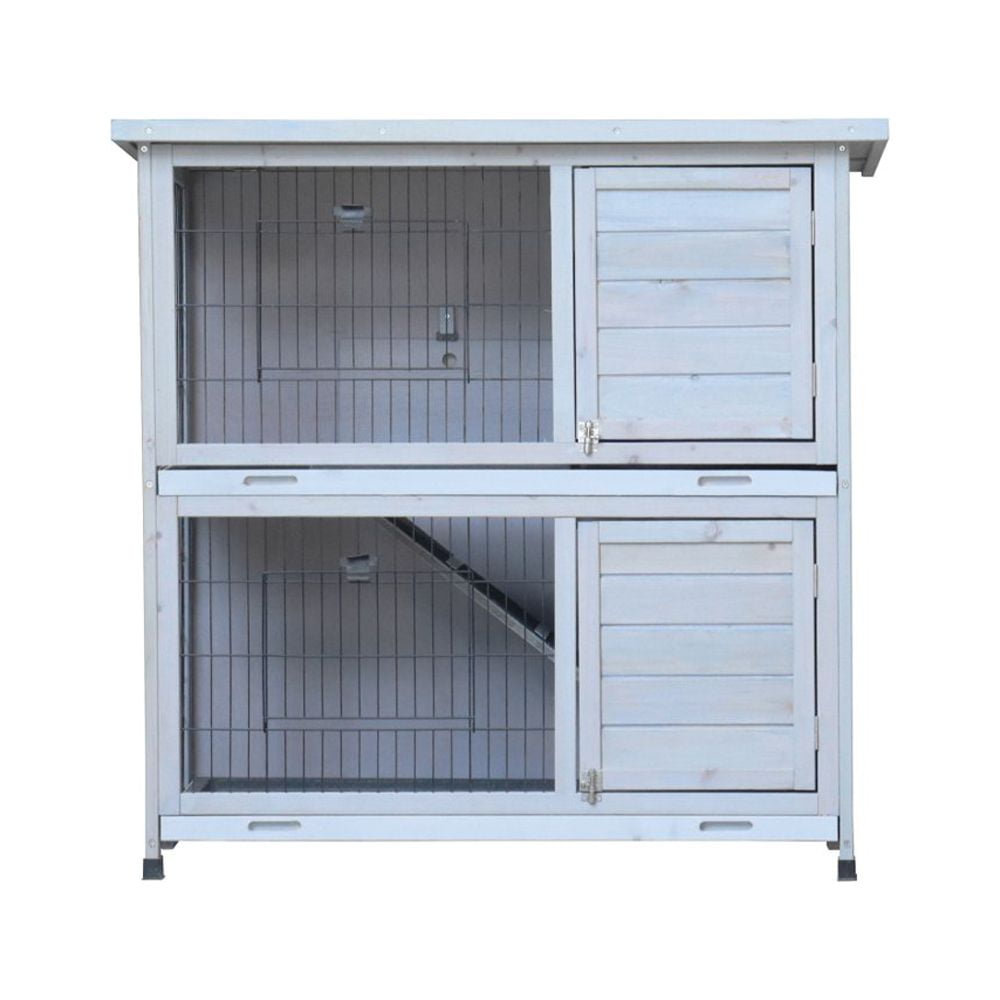 Hassch Wooden Bunny Hutch Rabbit Hutch Small Animals Habitat with Ramp, Removable Tray and Weatherproof Roof, Indoor/Outdoor, Antique White