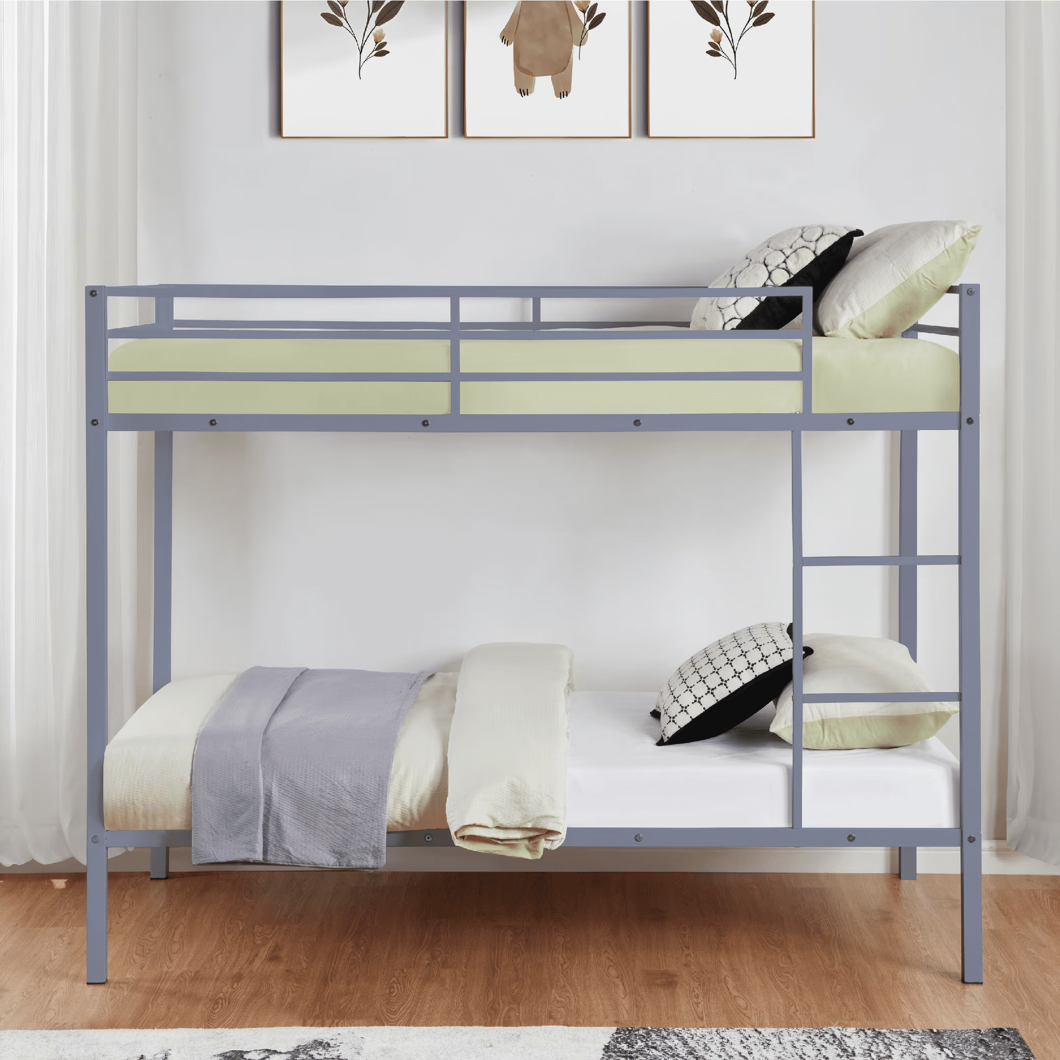 MAYEERTY Twin Size Metal Bunk Bed, Low Profile Bed Frame with Built-in Ladder, High Guardrail, Space-Saving for Kids, No Box Spring Required, Gray