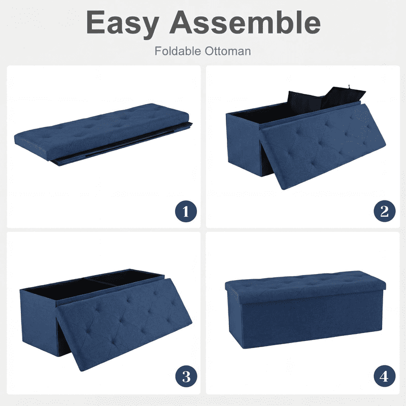 Telyra 43" Foldable Storage Ottoman Bench Fabric Footrest Stool with Foam Padded Seat, Blue