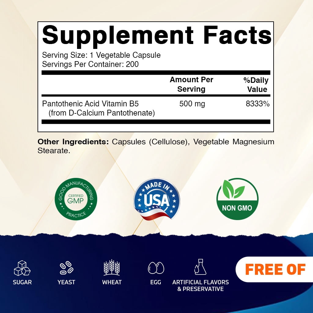2 Pack Vitamatic Pantothenic Acid (Vitamin B5) 500mg, 200 Capsules - For Hair, Skin, Nails & Digestive Support